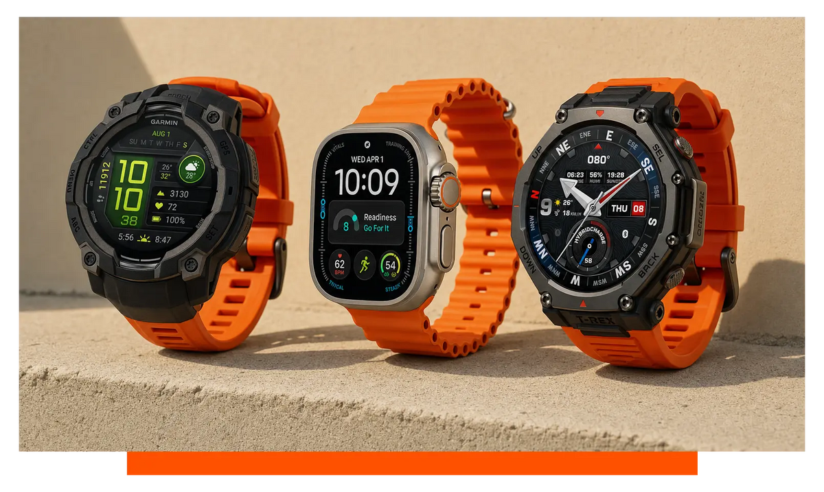 Three smartwatches shown side by side, on a concrete ledge - Garmin Instinct 3 and Apple Watch Ultra 4 and Amazfit T Rex 3 Pro