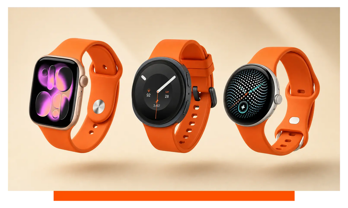 Three smartwatches shown side by side, floating in the studio - Apple Watch Series 11 and Samsung Galaxy Watch 9 and Google Pixel Watch 5