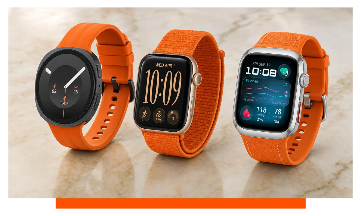Three smartwatches shown side by side, on marble - Samsung Galaxy Watch 9 and Apple Watch Series 12 and Huawei Watch D2