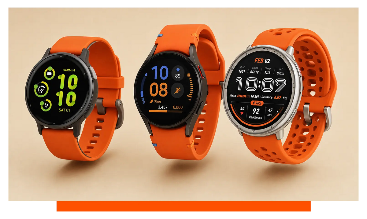 Three smartwatches shown side by side, floating in the studio - Garmin Vivoactive 5 and Samsung Galaxy Watch FE and Amazfit Active 2