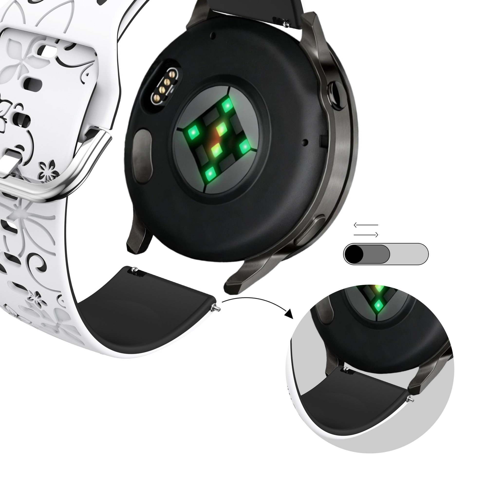 Bandz Bracelet silicone 'Fleurs' Garmin Forerunner 245 (blanc/noir)