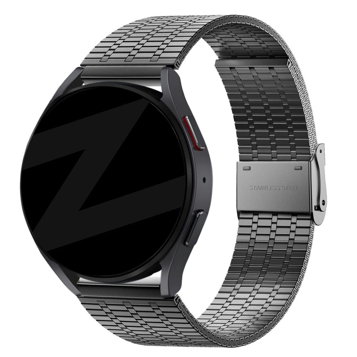 Adjustable Steel Strap, black, on a watch, 3/4 front view