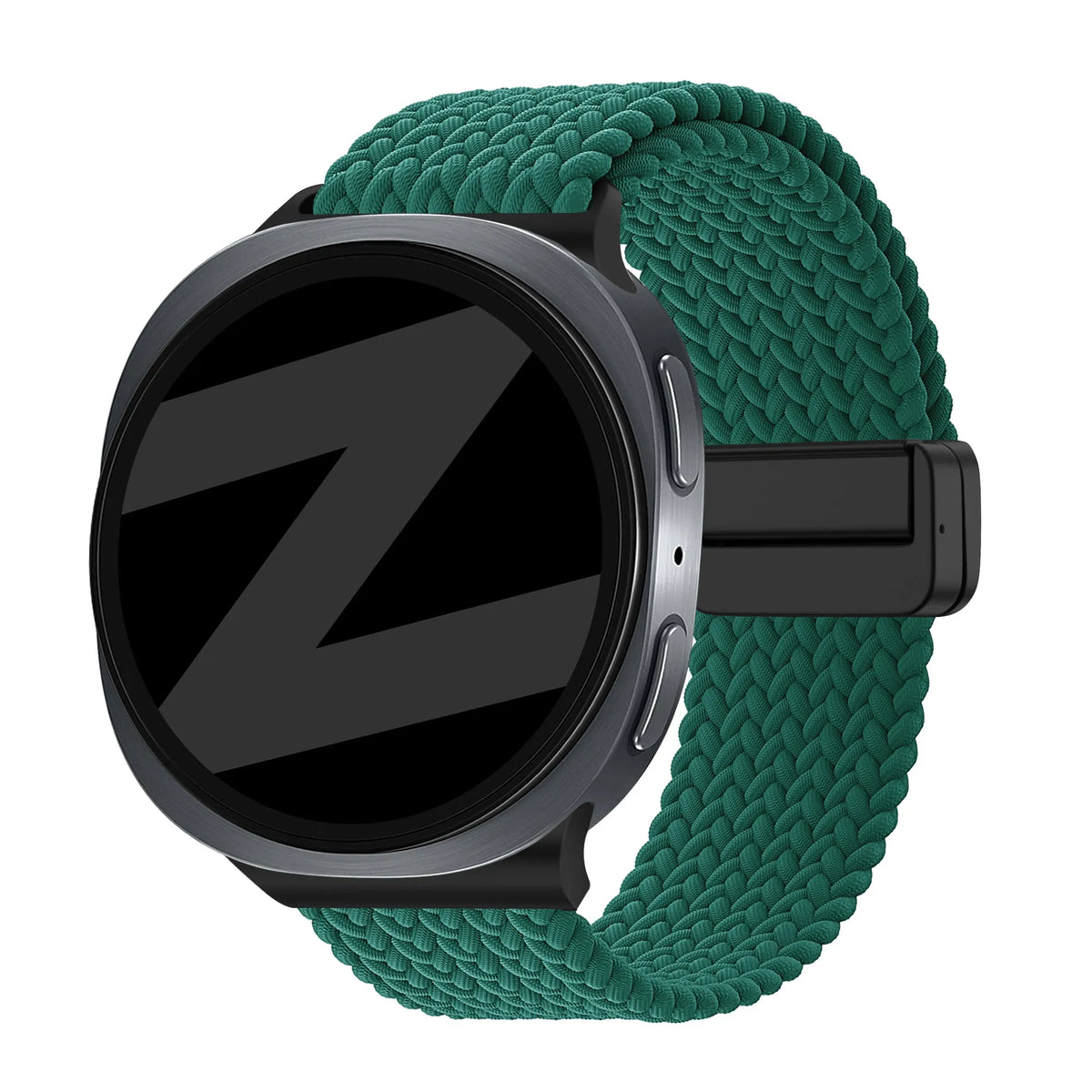 Nylon Braided Strap 'Easy Fit', green, on a watch, 3/4 front view