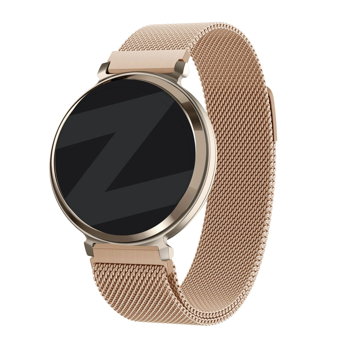 Milanese Loop Strap, rose gold, on a watch, 3/4 front view