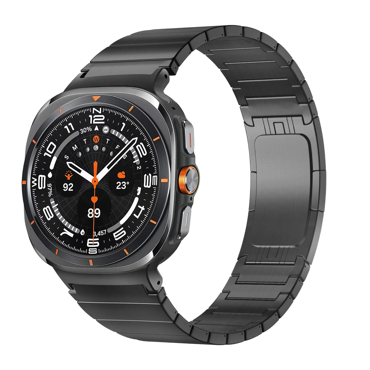 Titanium Strap 'One Bead', black, on a watch, 3/4 front view