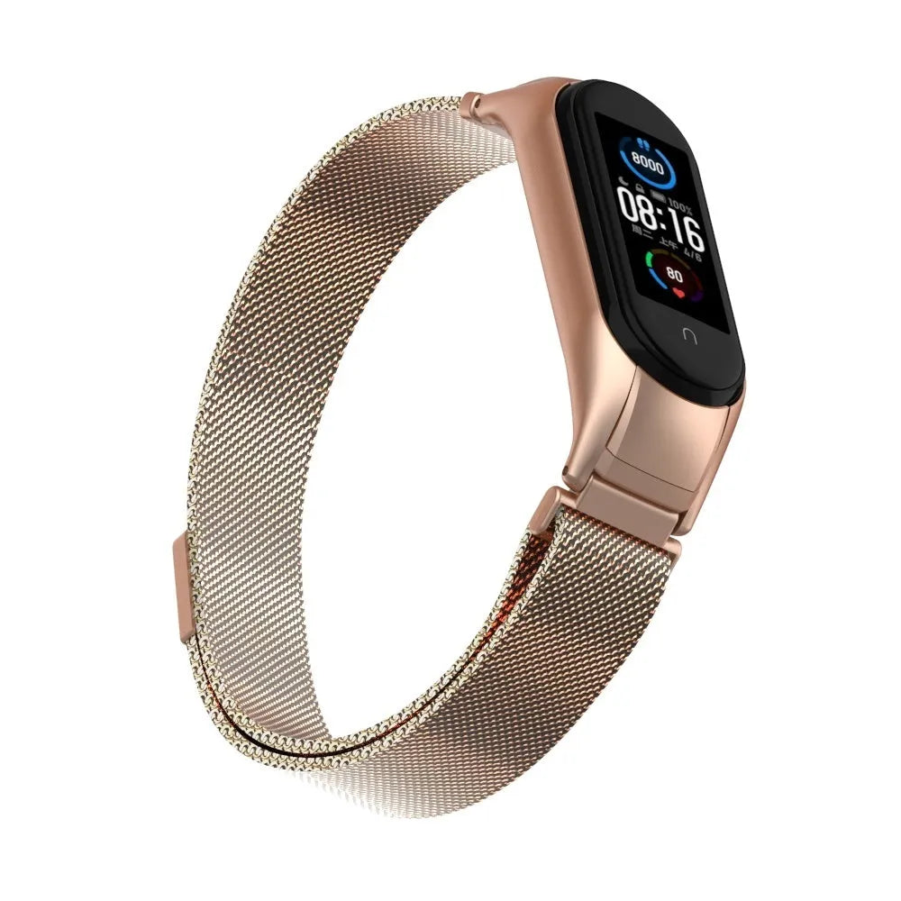 Milanese Strap, bronze, on a watch, 3/4 front view