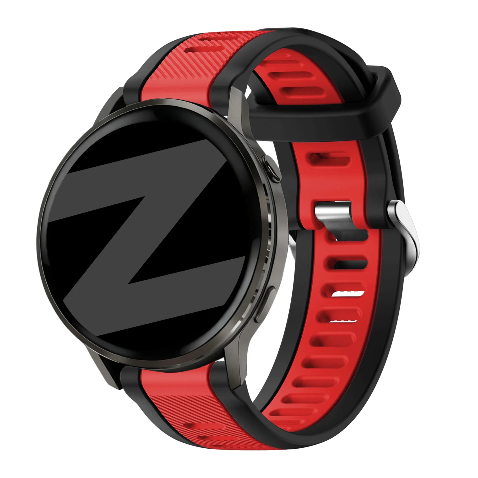 Silicone Dual Buckled Sport Strap, black/red, on a watch, 3/4 front view