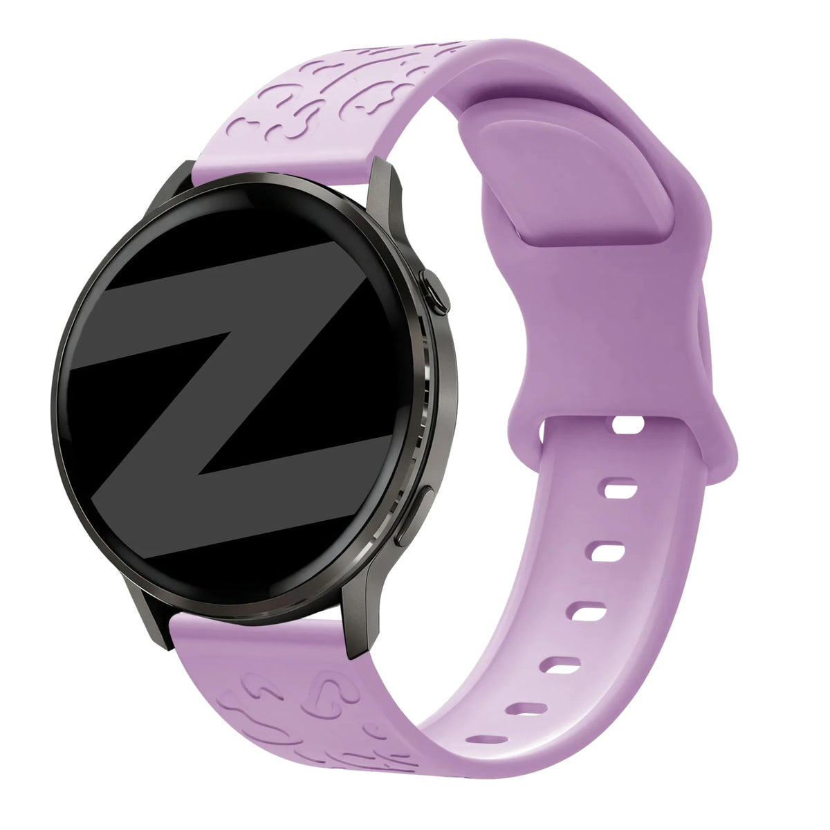 Silicone Strap 'Leopard', light purple, on a watch, 3/4 front view