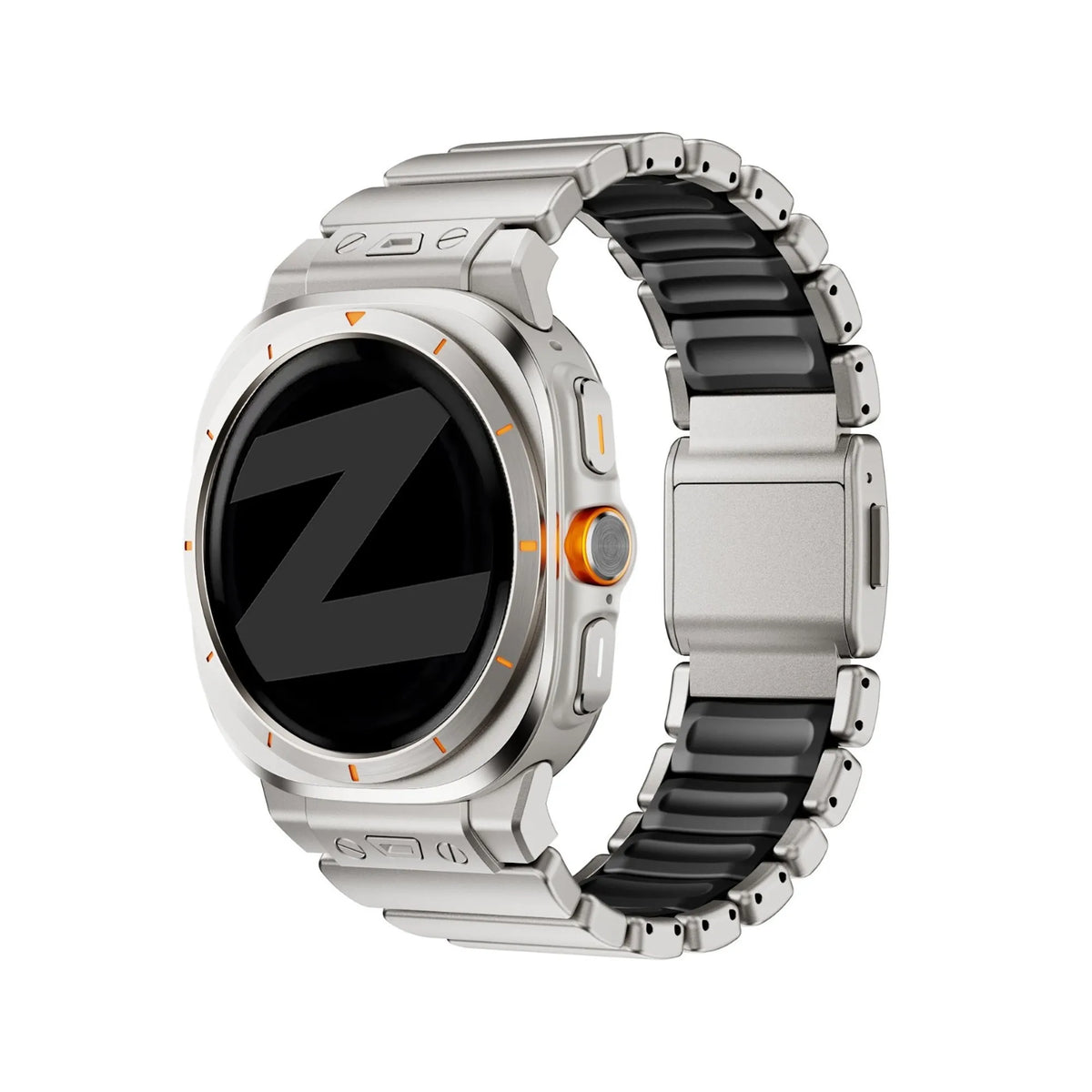 Titanium Strap 'Hybrid', titanium/black, on a watch, 3/4 front view