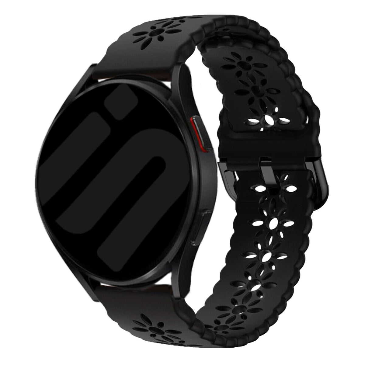 Patterned Silicone Strap, black, on a watch, 3/4 front view