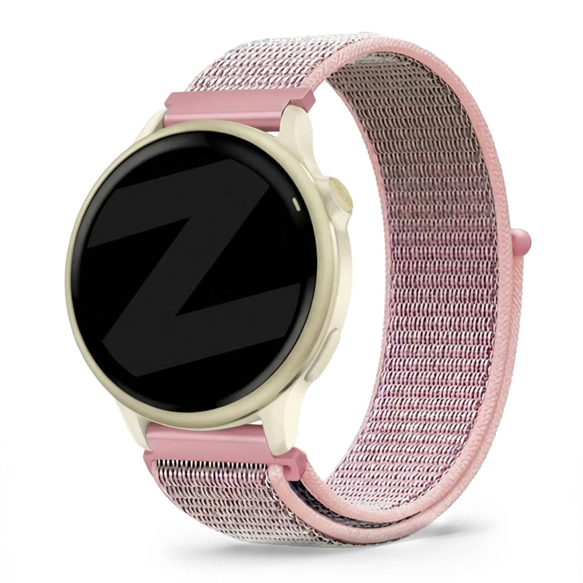 Nylon Loop Strap, pink, on a watch, 3/4 front view