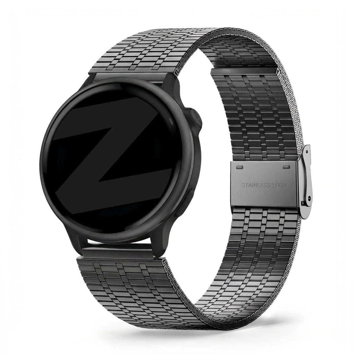 Adjustable Steel Strap, black, on a watch, 3/4 front view