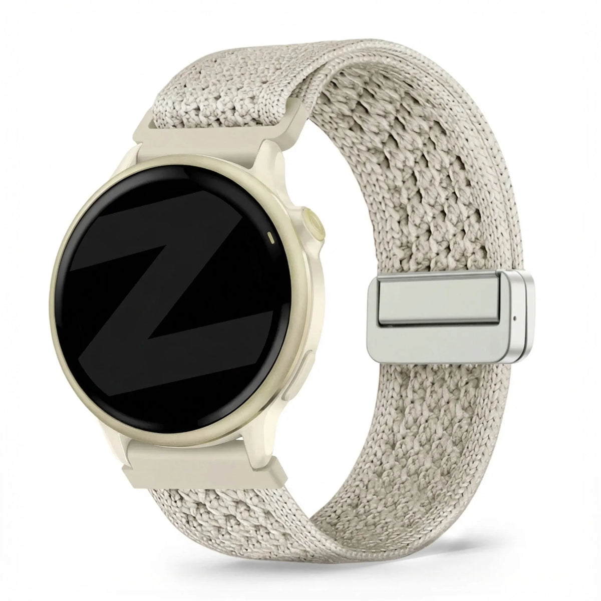 Vintage Nylon Strap, starlight, on a watch, 3/4 front view