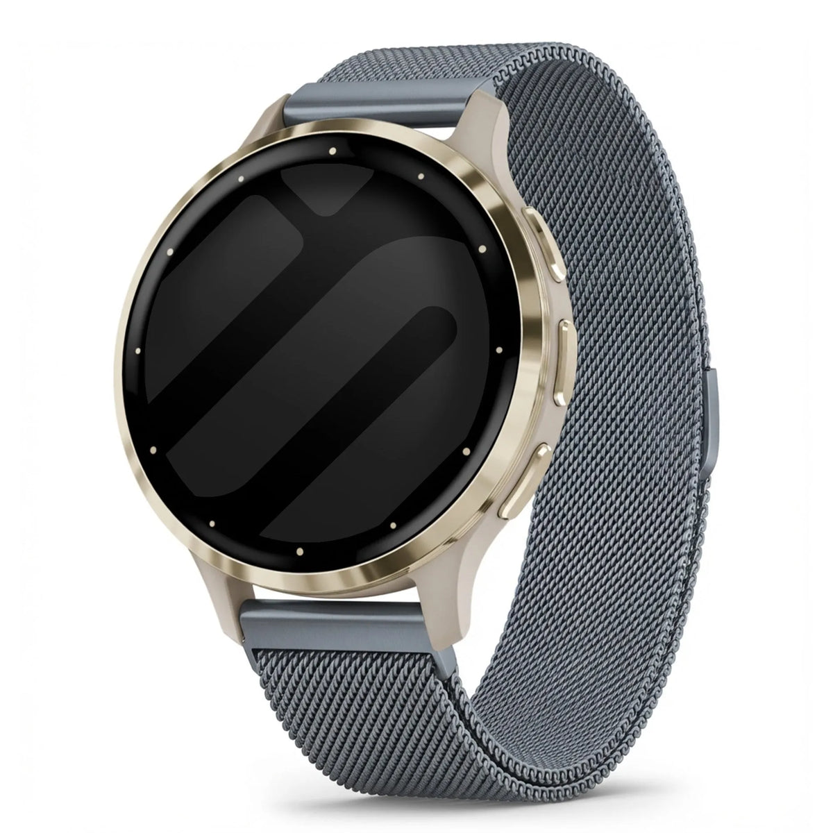 Milanese Strap, grey, on a watch, 3/4 front view