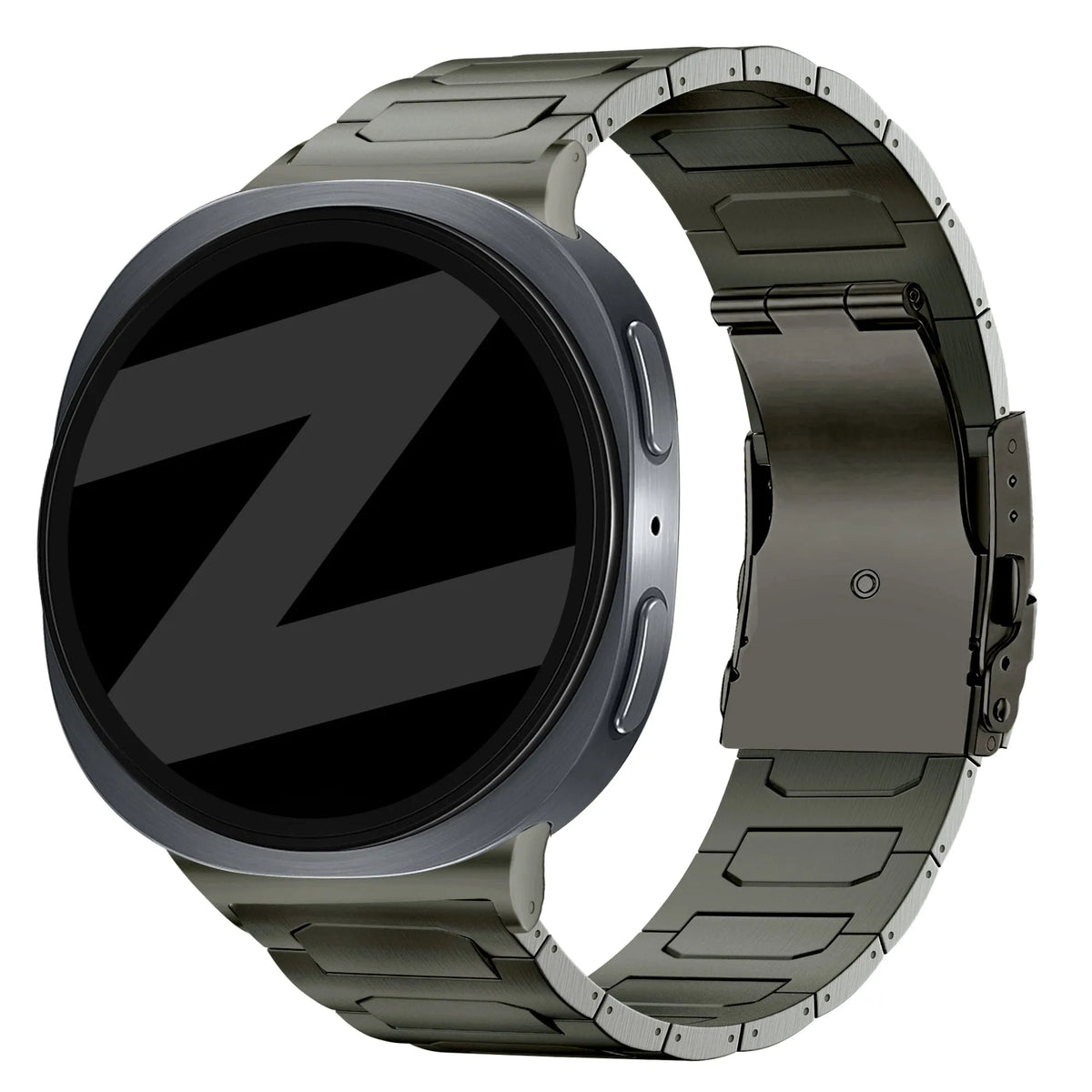 Titanium Strap 'Deluxe', graphite, on a watch, 3/4 front view