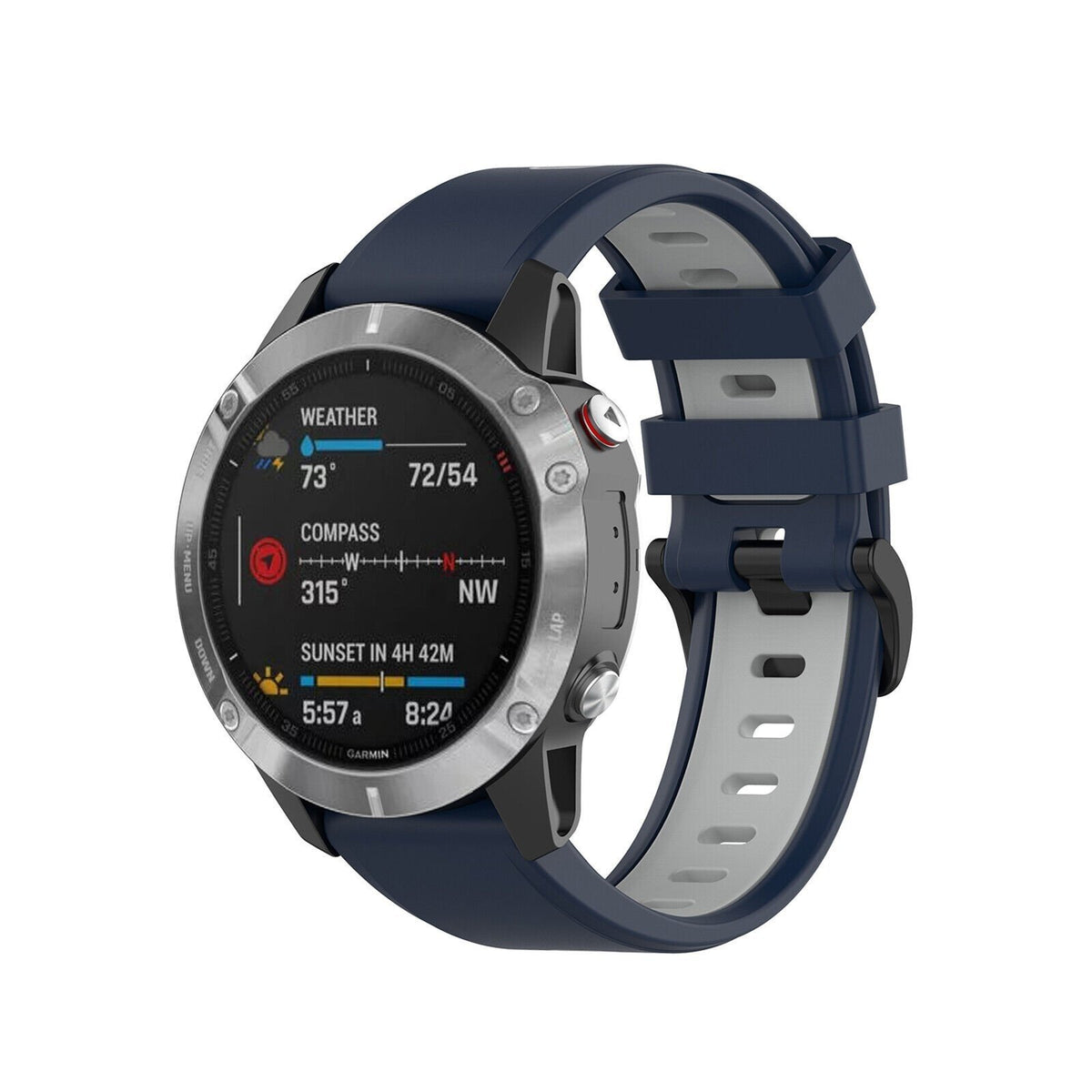 Silicone Sport Buckle Strap, blue/grey, on a watch, 3/4 front view