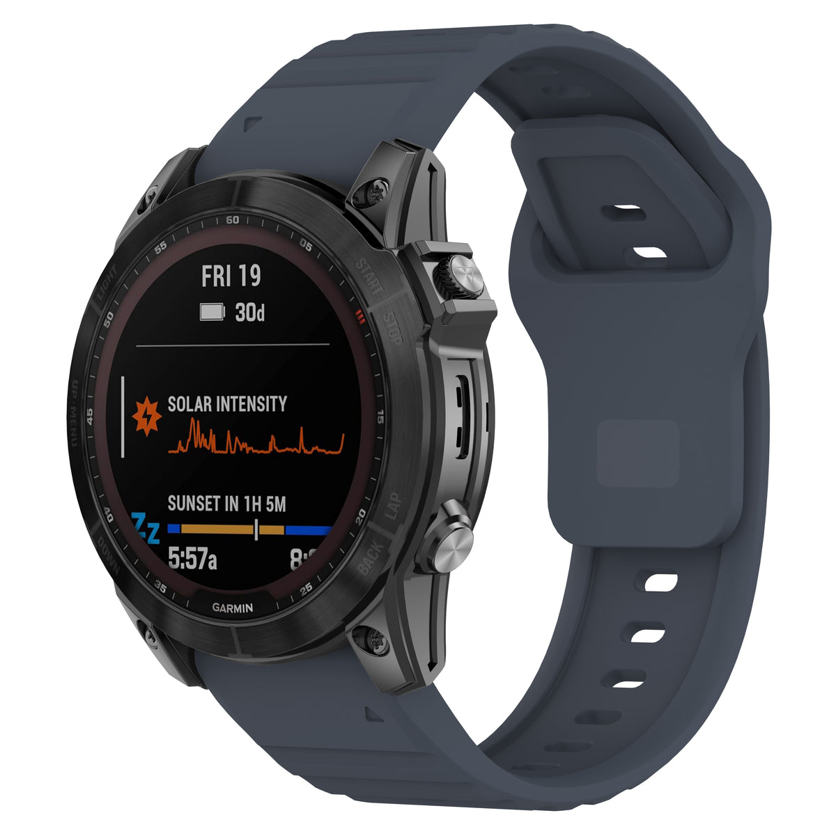 Outdoor Silicone Strap, grey-blue, on a watch, 3/4 front view