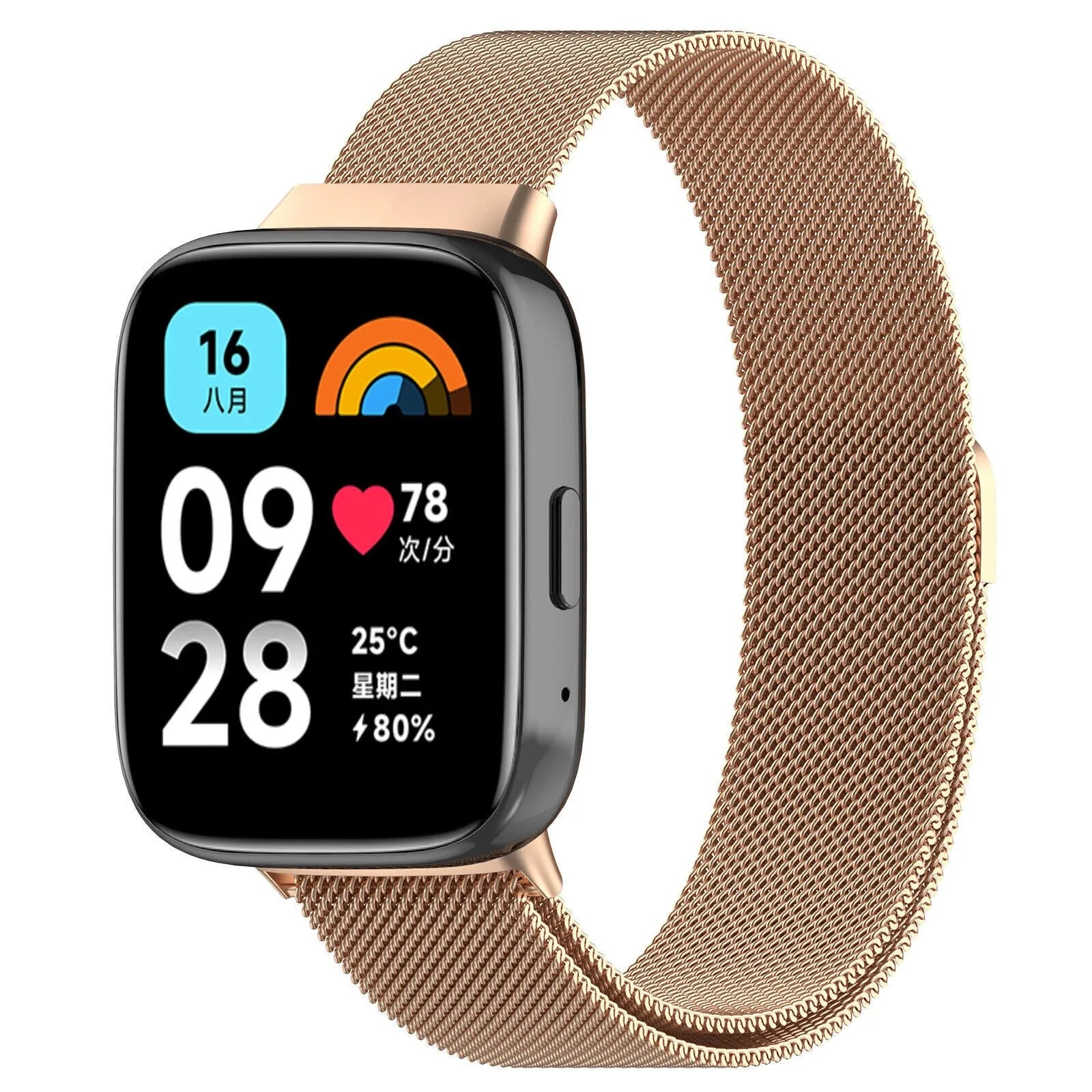 Milanese Strap, rose gold, on a watch, 3/4 front view