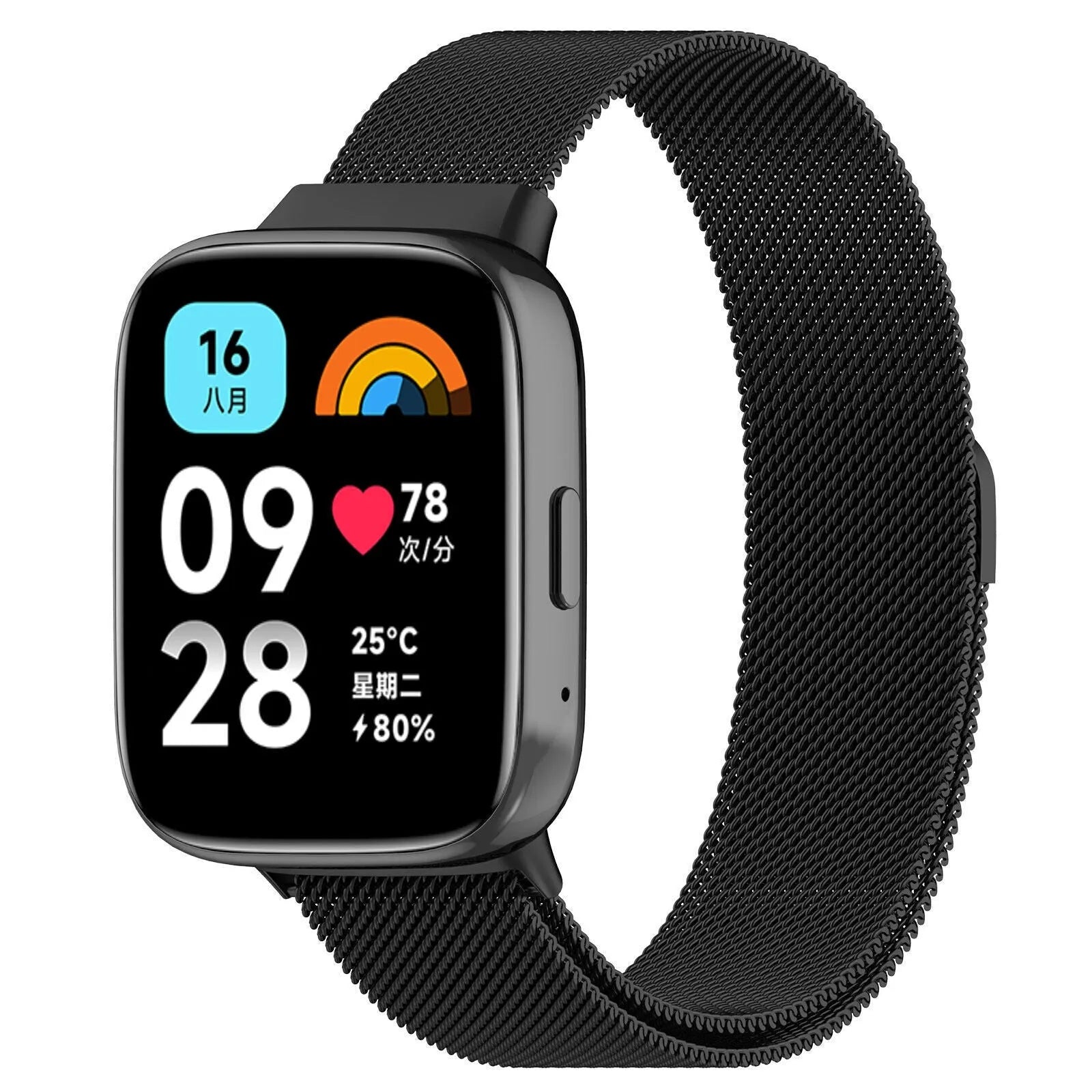 Milanese Strap, black, on a watch, 3/4 front view