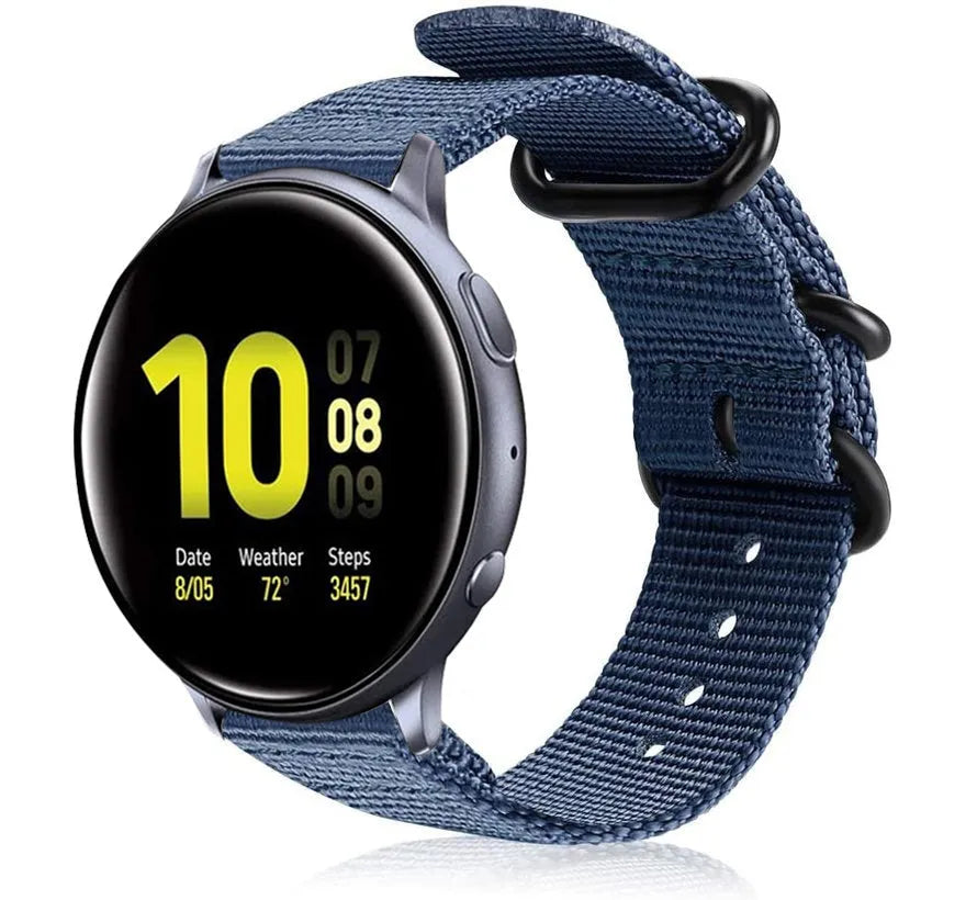 Nylon Buckle Strap, blue, on a watch, 3/4 front view