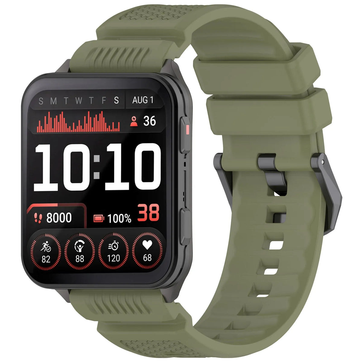 Silicone Strap, army green, on a watch, 3/4 front view