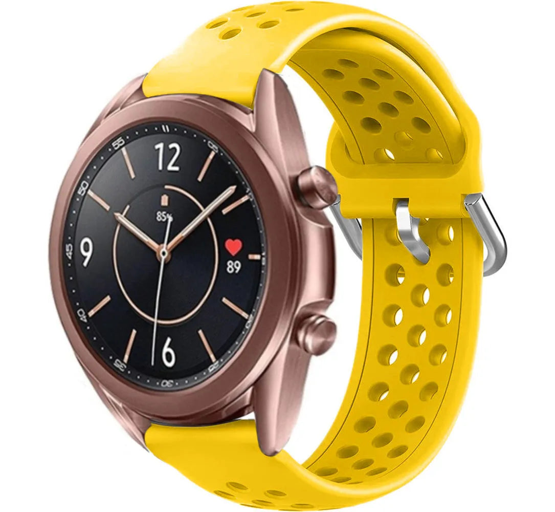 Breathable Silicone Strap, yellow, on a watch, 3/4 front view