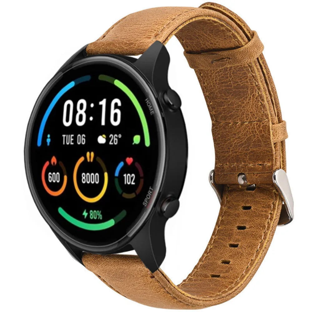 Leather Strap, brown, on a watch, 3/4 front view