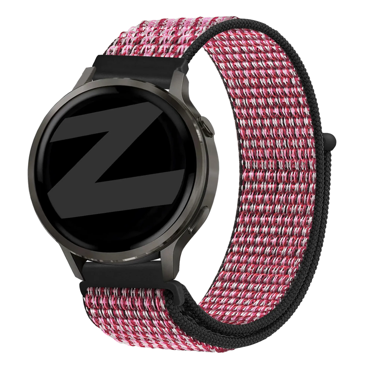 Nylon Loop Strap, berry, on a watch, 3/4 front view
