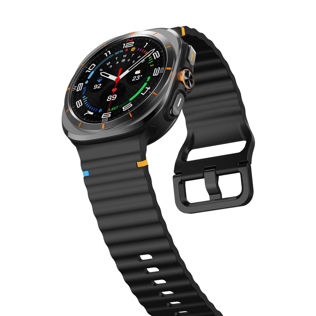 Wave Silicone Strap, black, on a watch, 3/4 front view