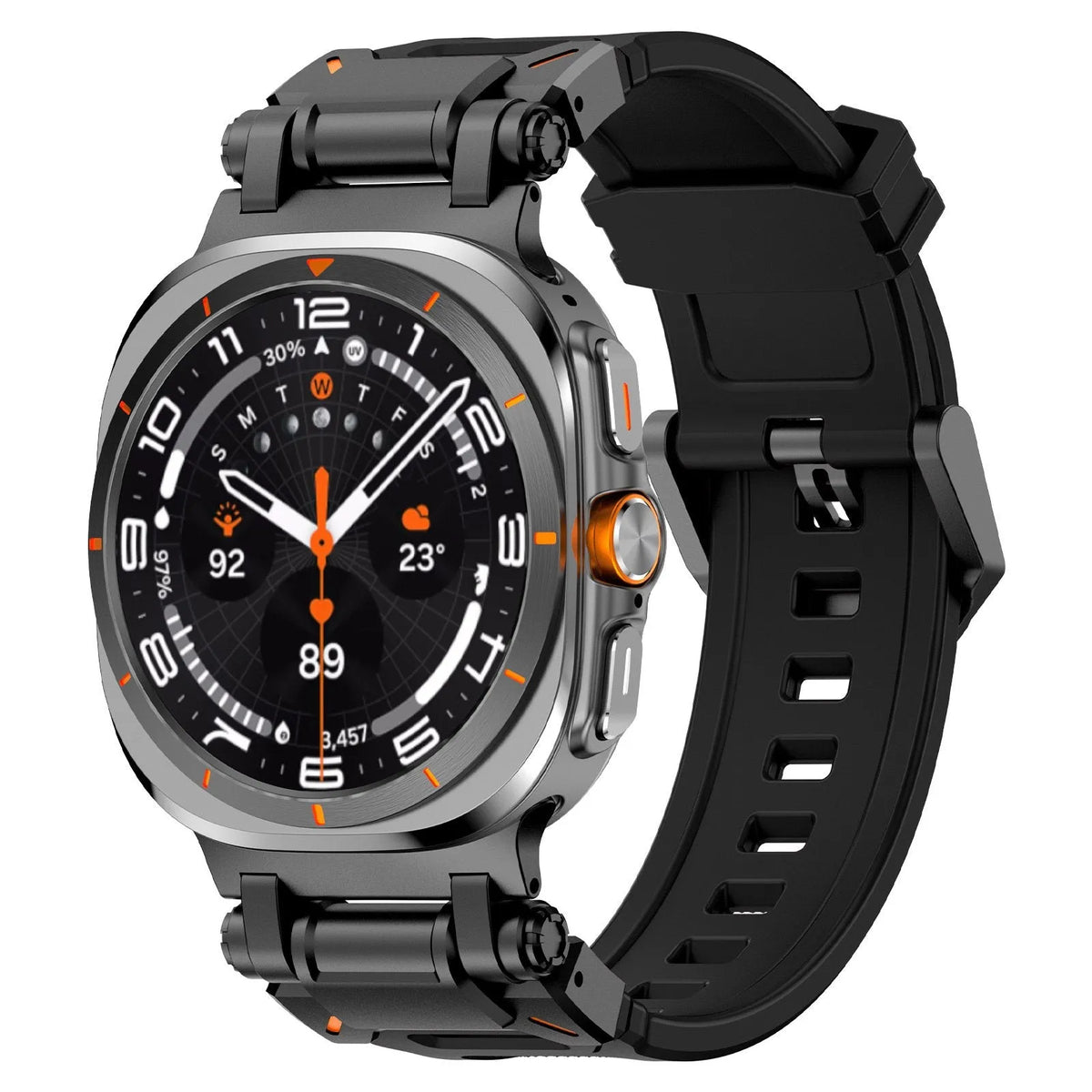 Silicone Strap 'Explorer', black with black, on a watch, 3/4 front view