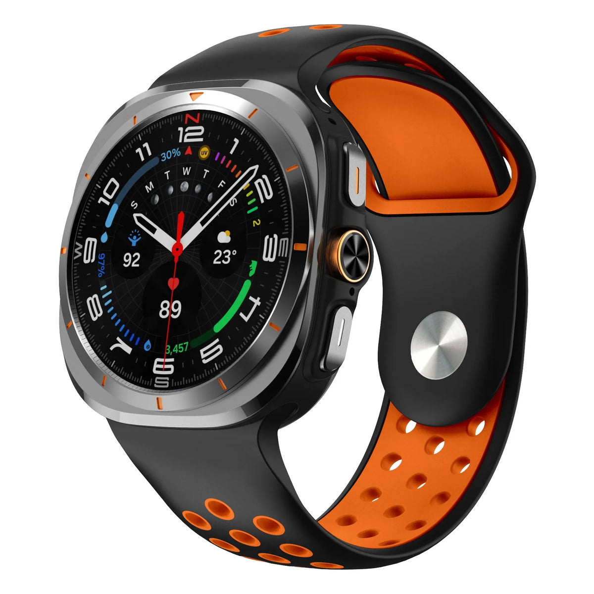 Silicone Sport Strap, black/orange, on a watch, 3/4 front view