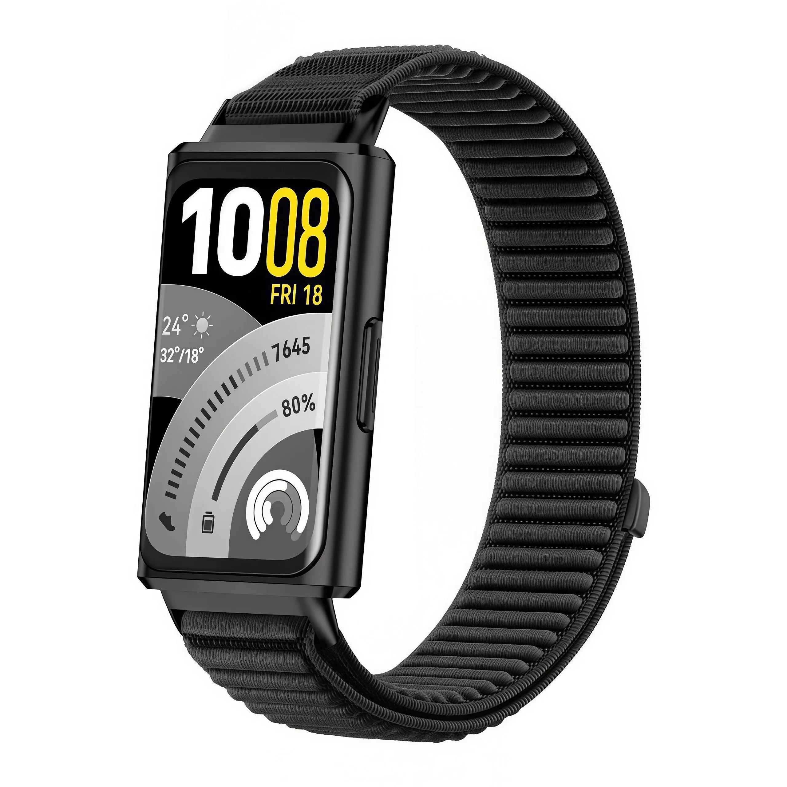 Wave Nylon Strap, black, on a watch, 3/4 front view