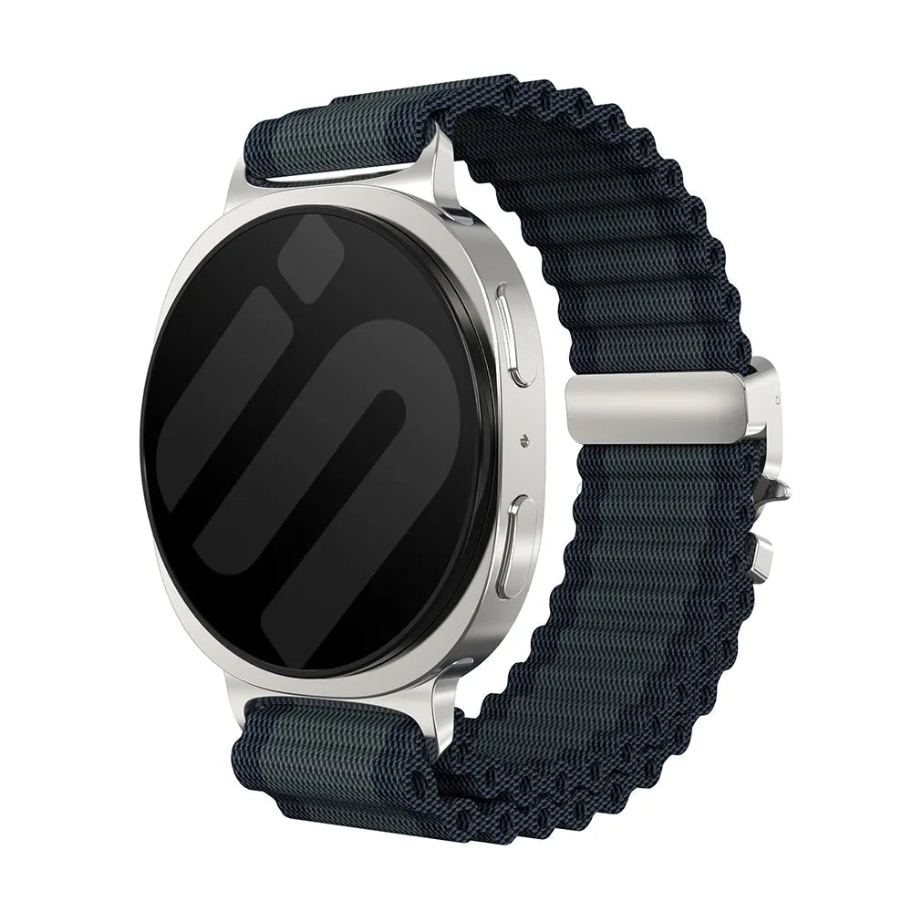 Outdoor Nylon Strap with P-Buckle, black with silver, on a watch, 3/4 front view