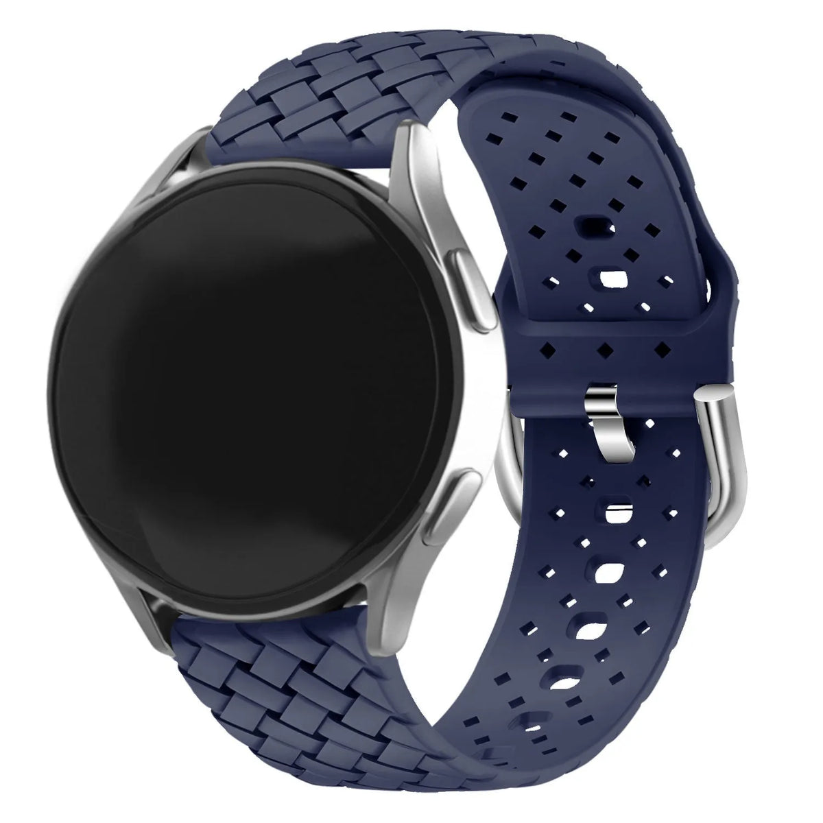 Braided Silicone Strap, dark blue, on a watch, 3/4 front view