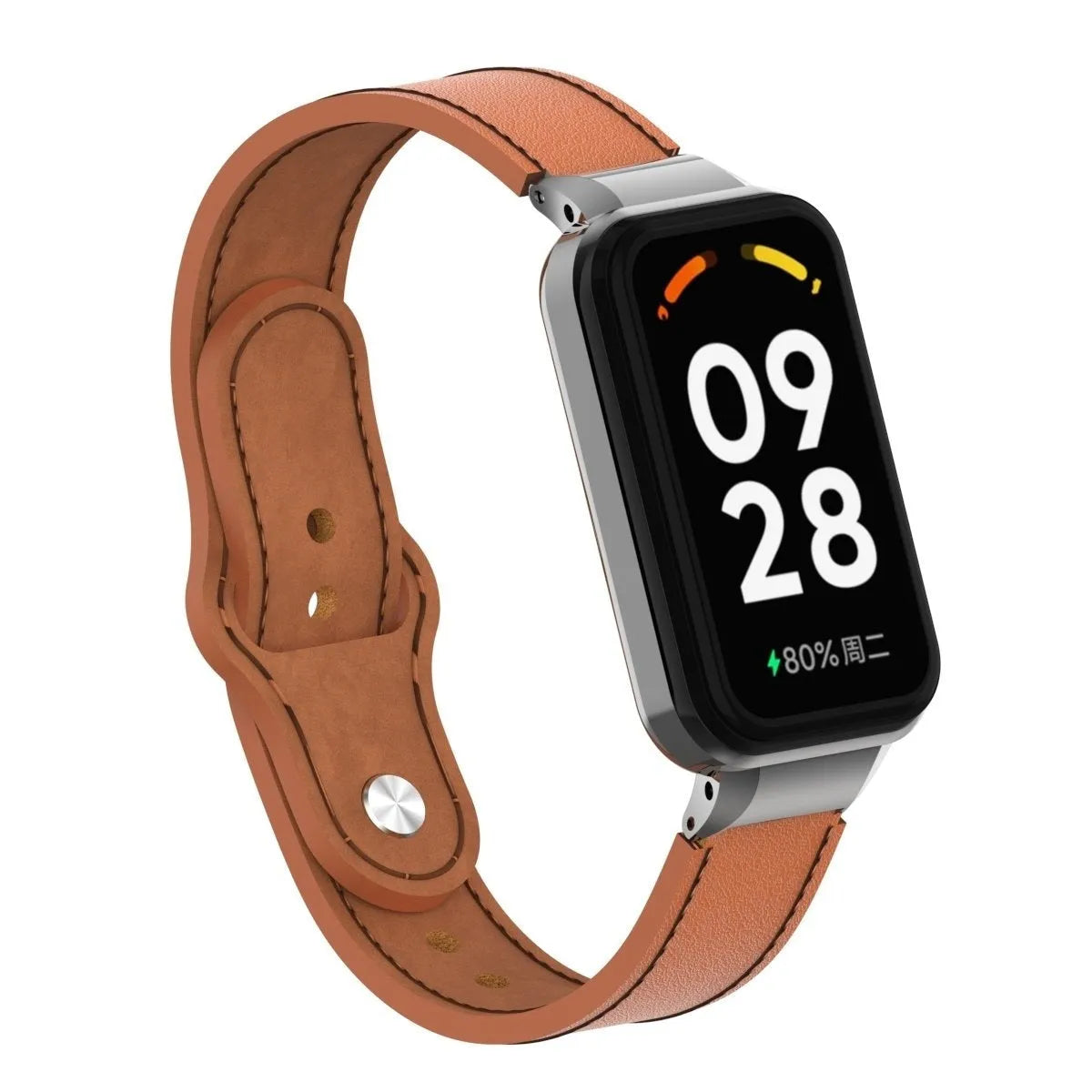 Leather Strap, brown, on a watch, 3/4 front view