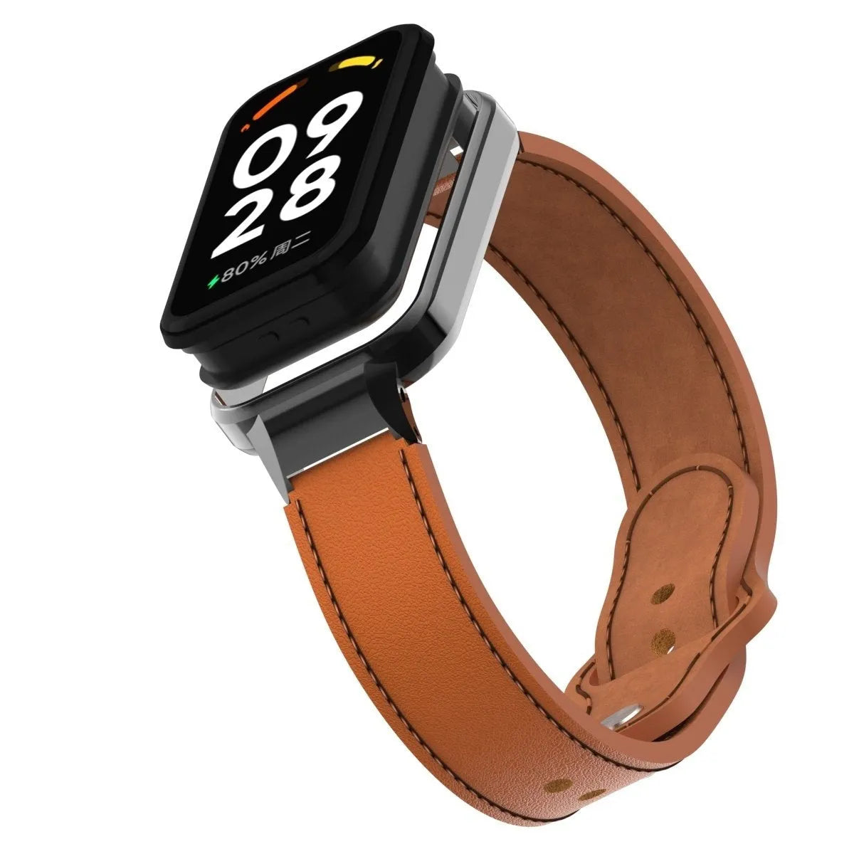 Leather Strap, brown, on a watch, 3/4 front view