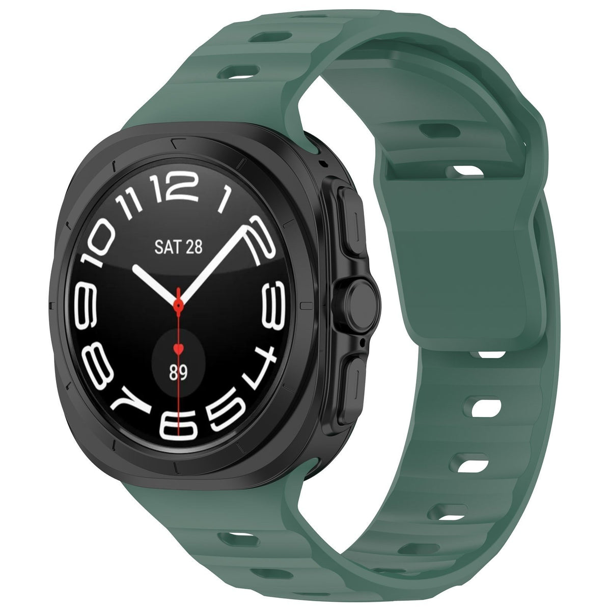 Outdoor Silicone Strap, dark green, on a watch, 3/4 front view