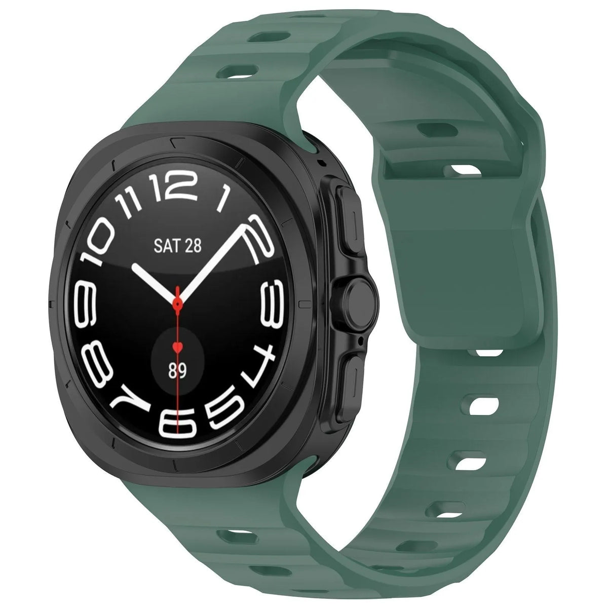 Outdoor Silicone Strap, dark green, on a watch, 3/4 front view