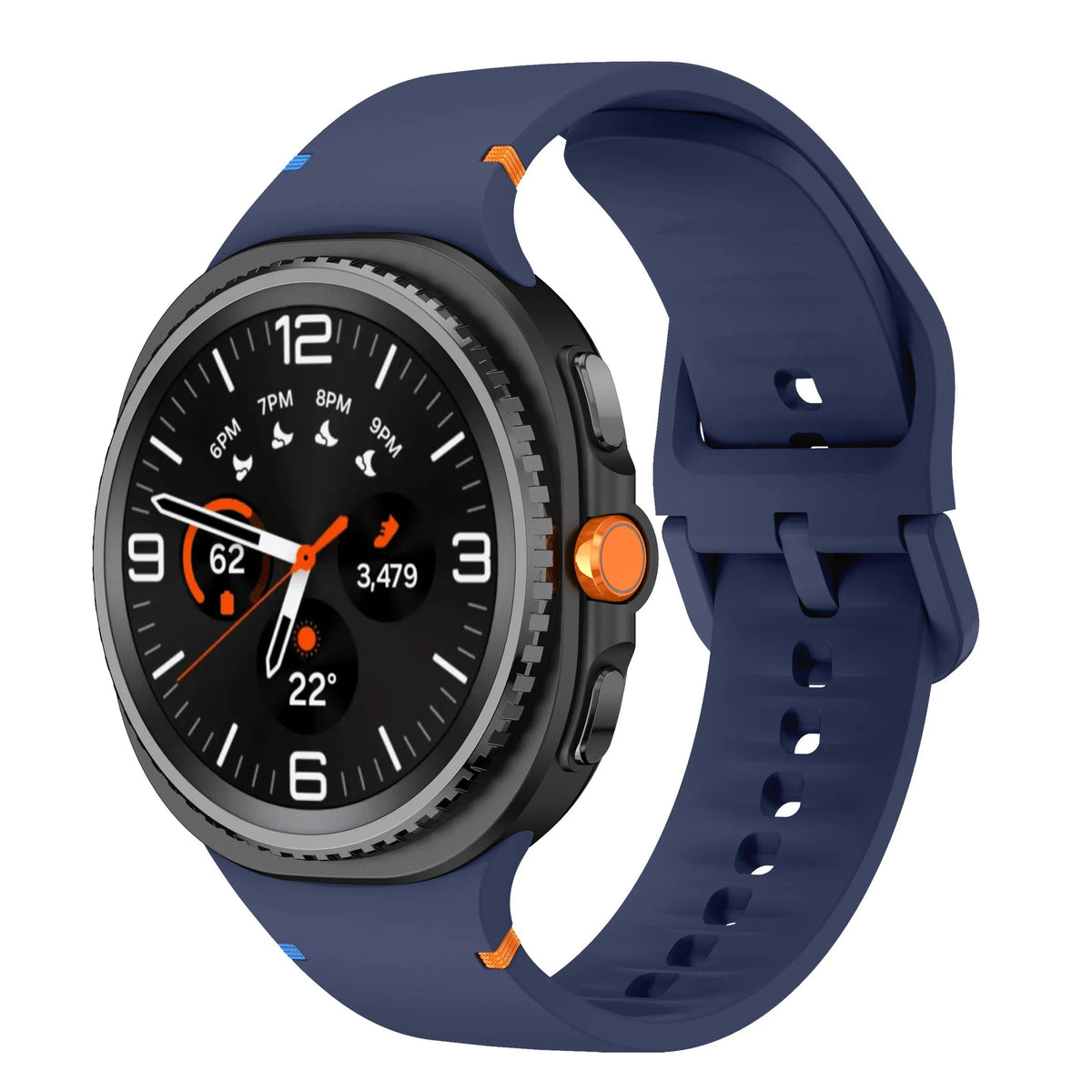 Silicone Strap, dark blue, on a watch, 3/4 front view
