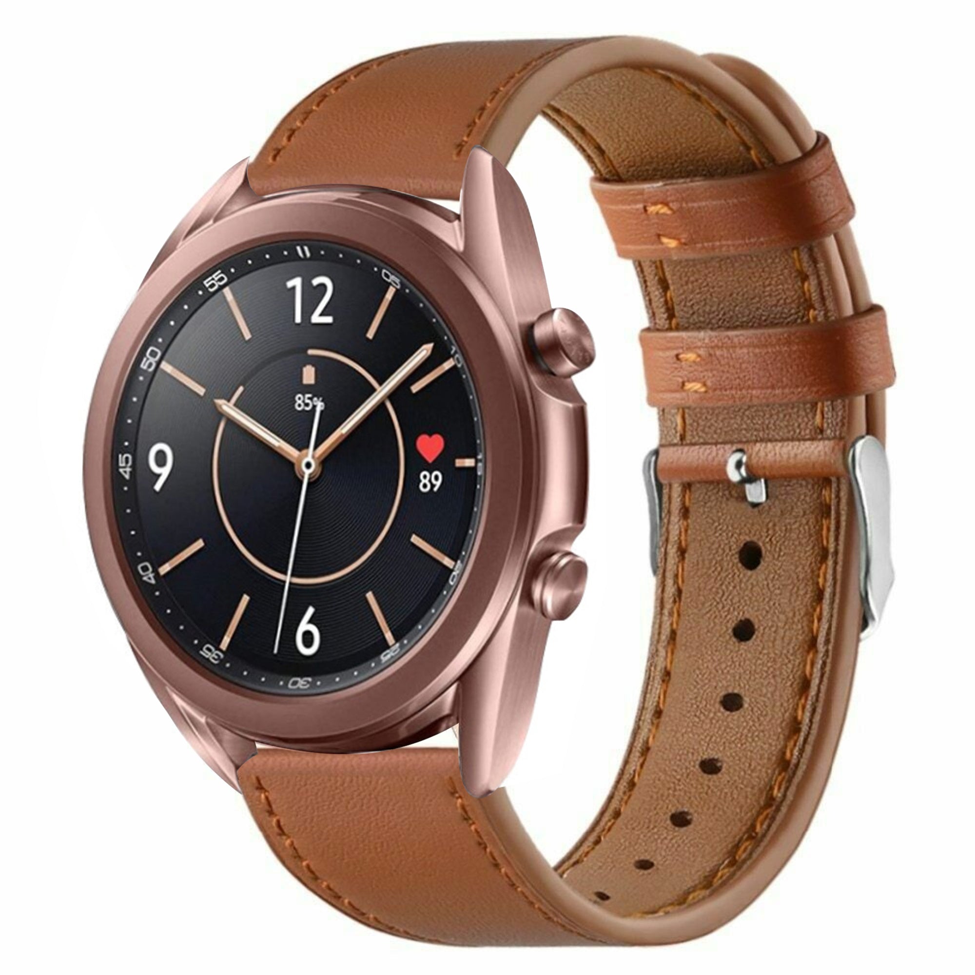 Modern Leather Strap, brown, on a watch, 3/4 front view