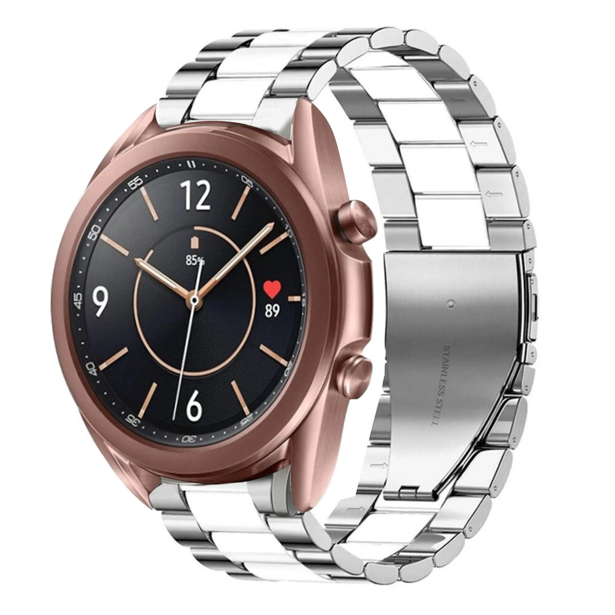 Steel Strap, silver/white, on a watch, 3/4 front view