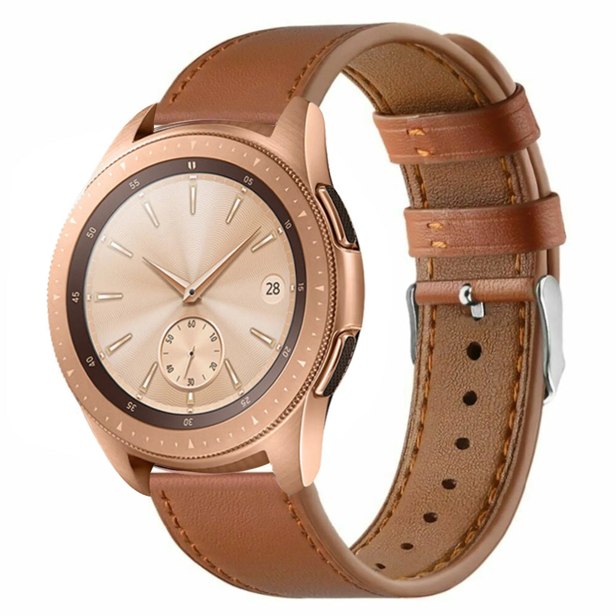 Modern Leather Strap, brown, on a watch, 3/4 front view