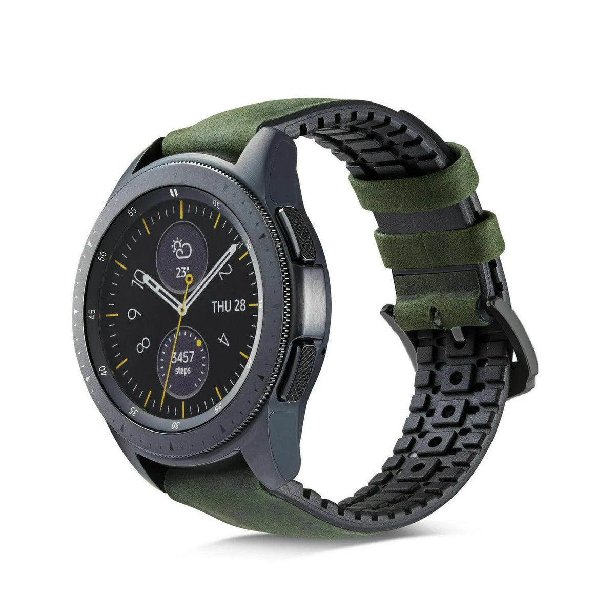 Leather Hybrid Strap, black/green, on a watch, 3/4 front view