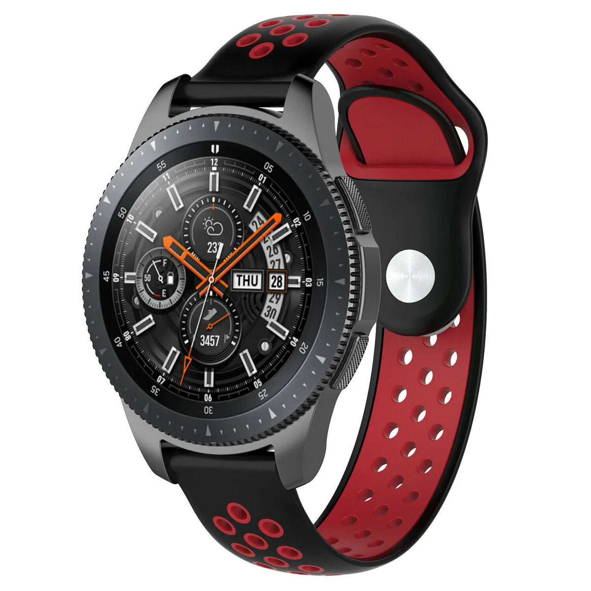 Silicone Sport Strap, black/red, on a watch, 3/4 front view