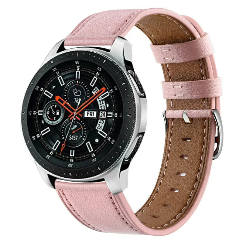 Modern Leather Strap, pink, on a watch, 3/4 front view