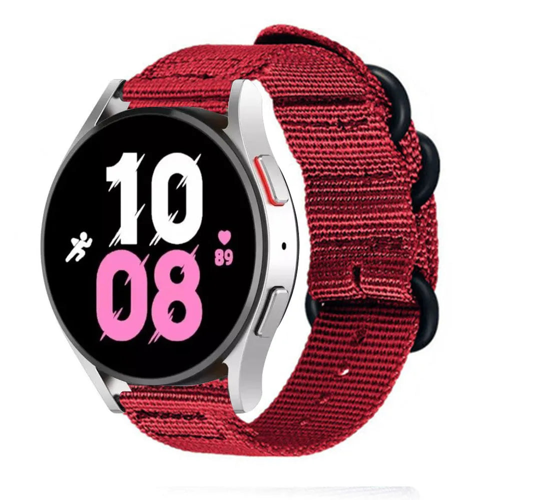 Nylon Buckle Strap, red, on a watch, 3/4 front view