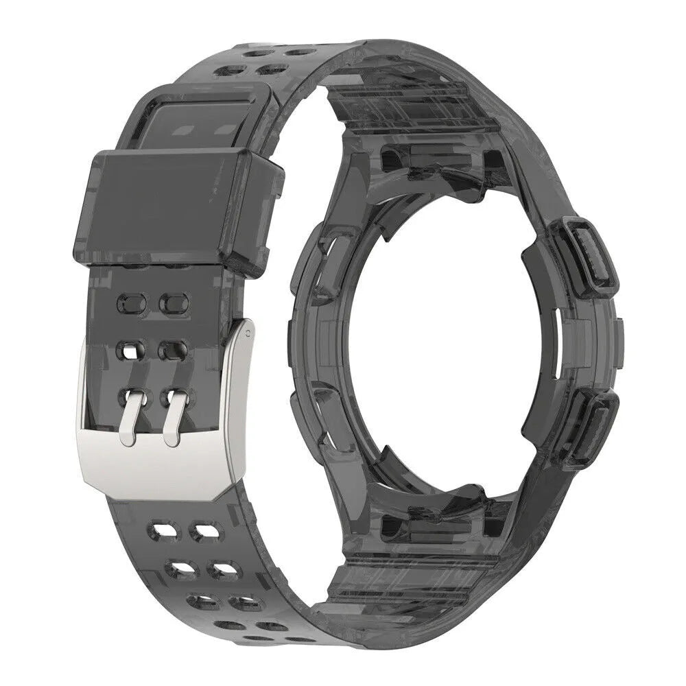Silicone Strap with Frame, transparent black, on a watch, 3/4 front view