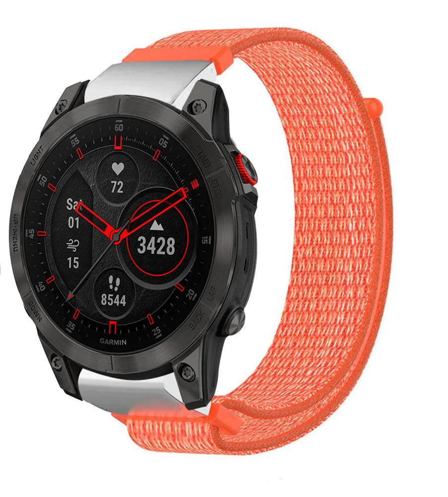 Nylon Strap, orange, on a watch, 3/4 front view