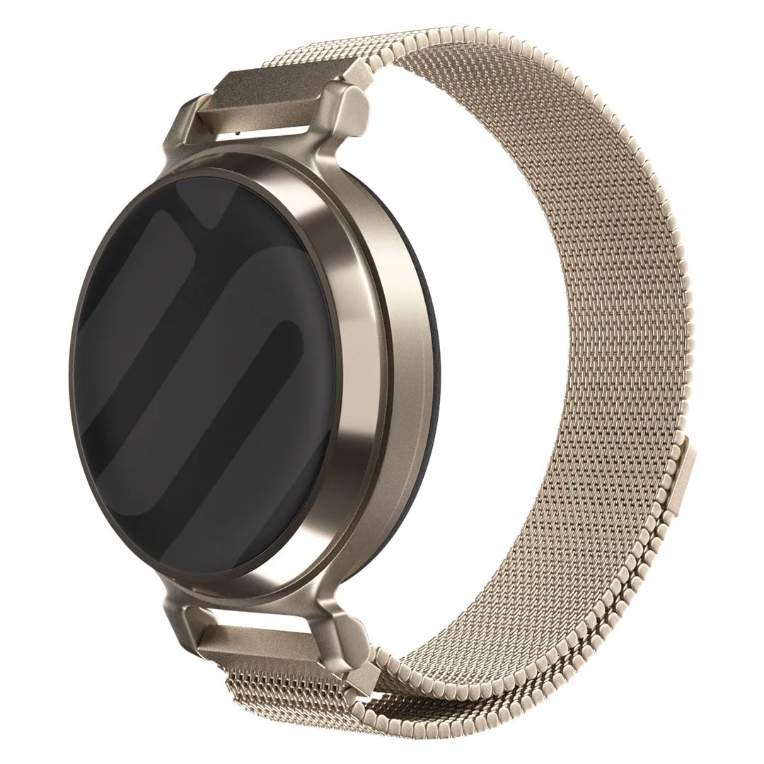 Milanese Strap, champagne, on a watch, 3/4 front view