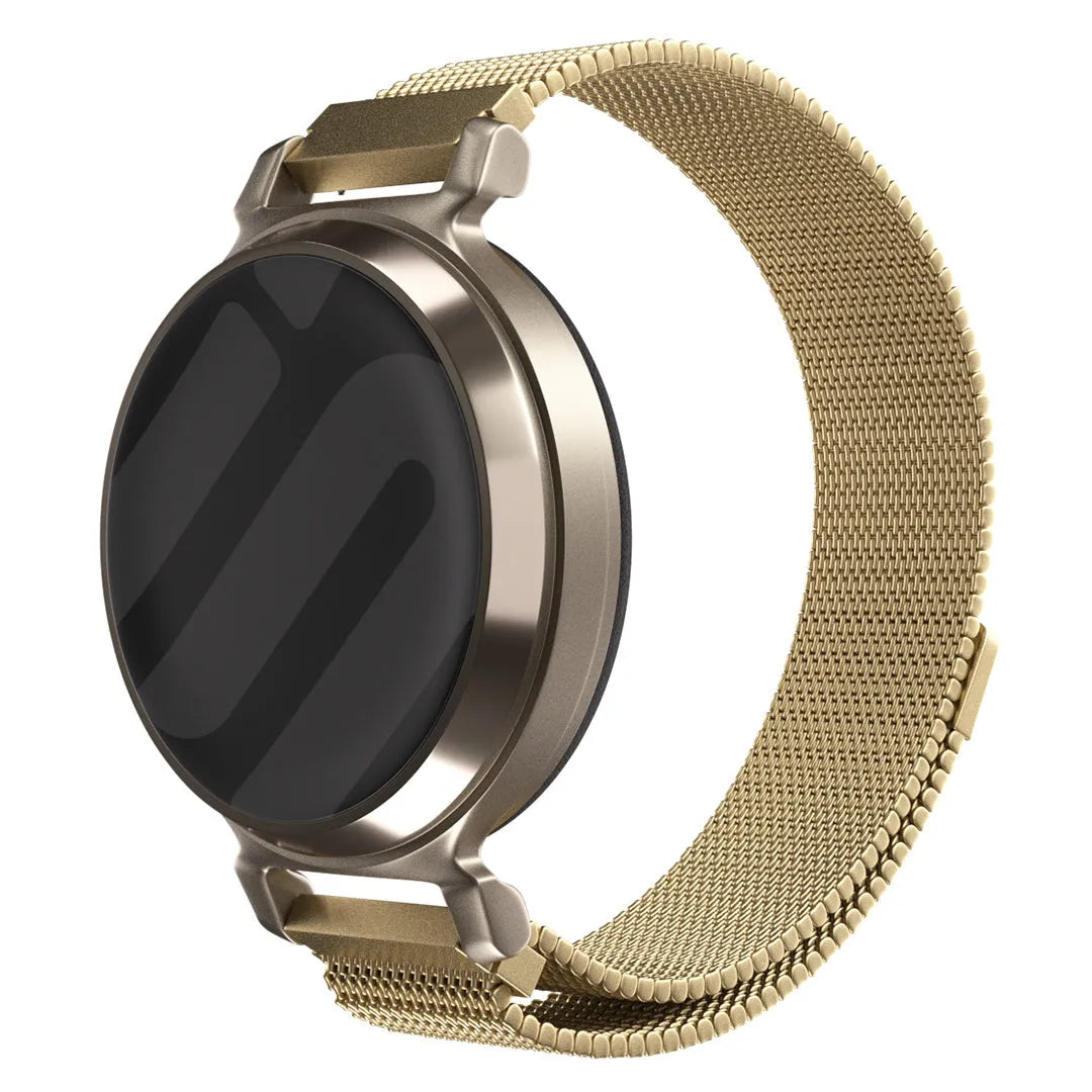Milanese Strap, gold, on a watch, 3/4 front view